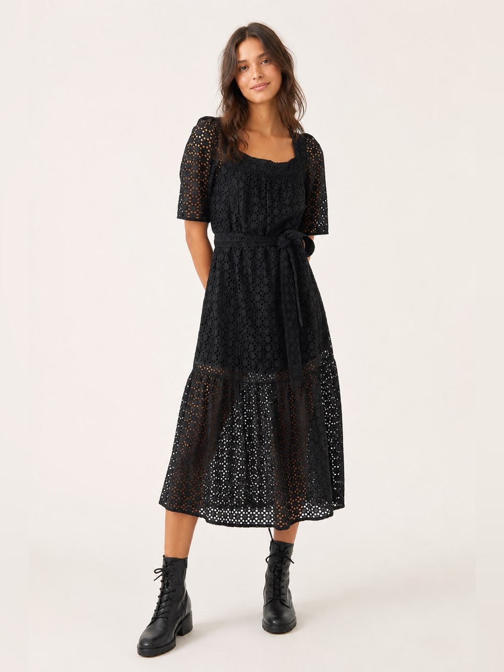 Maeve Josette Eyelet Midi Dress Black Puff Sleeve XS